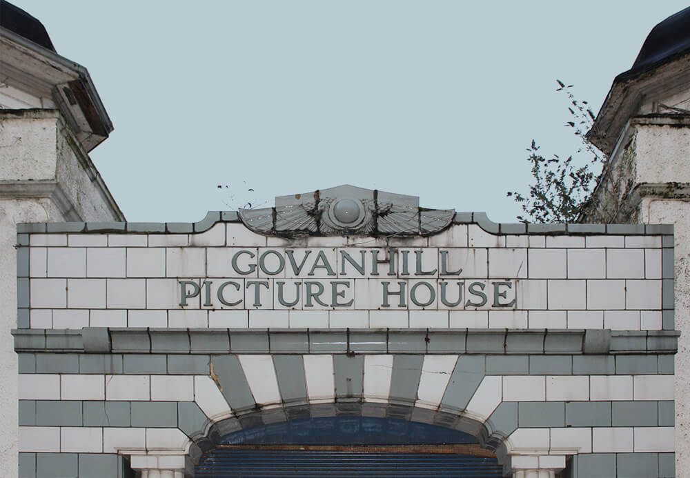 White and blue tiled building with 'Govanhill Picture House' on the front
